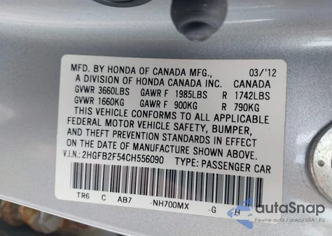 2012 Honda Civic Lx из США, поврежденный, VIN 2HGFB2F54CH556090